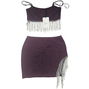 Klesis Burgundy Two Piece Set Rhinestone Fringe Crop Top Mini Skirt Small NWT
